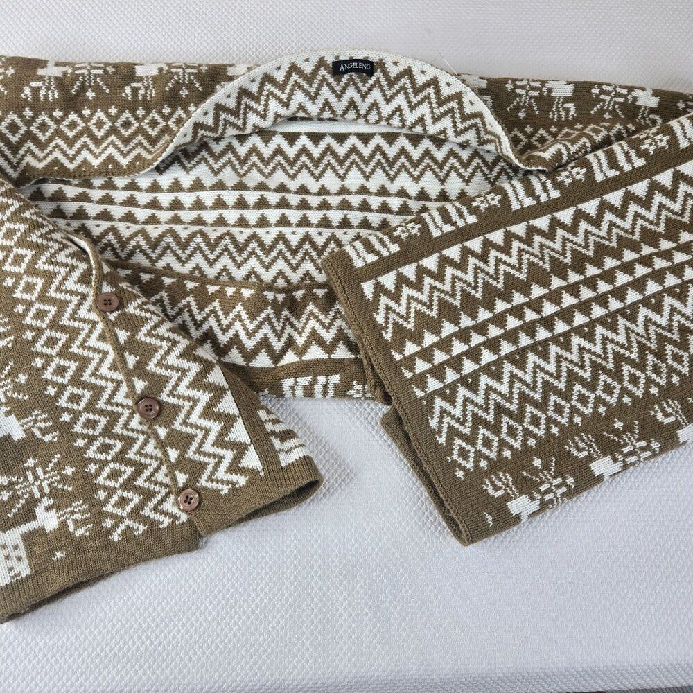 Angeleno Reindeer Pattern Knit Sweater Wrap Shawl Button Arms Fair Isle